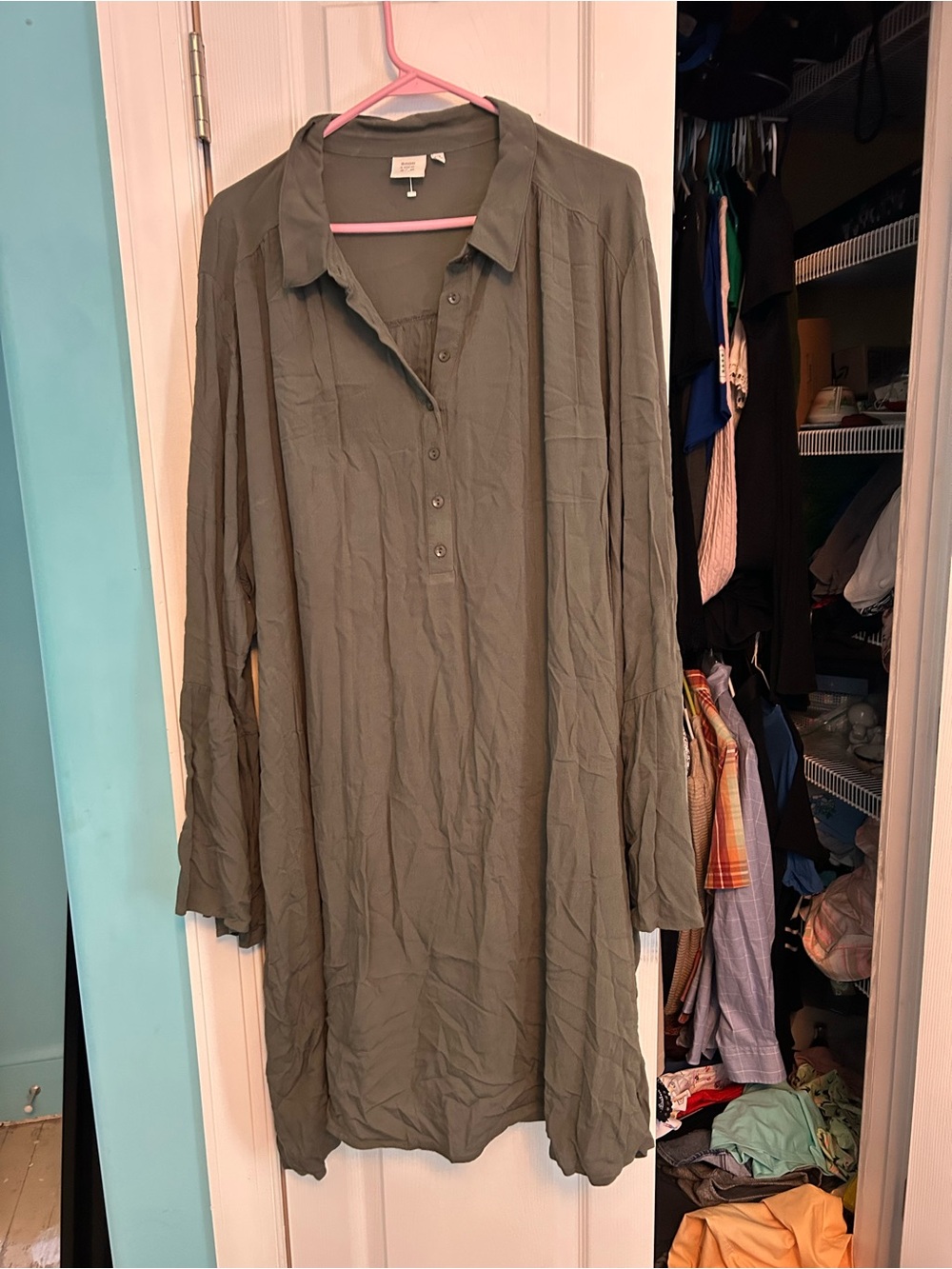 Good Luck Gem Olive Green Long Sleeve Shirt Dress